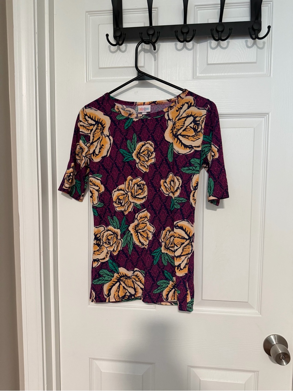 LuLaRoe Purple Floral Short Sleeve Top with Yellow Roses